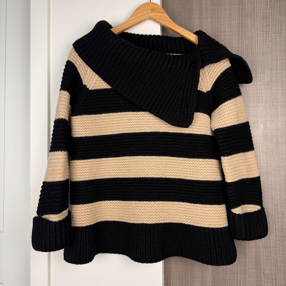 Kate Spade Black Tan Stripe‎ Collared Knit Sweater Chunky 100% Wool Large